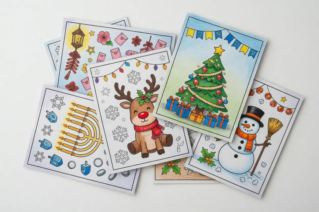 Holiday coloring page example with a finished colored preview beside the line-art version